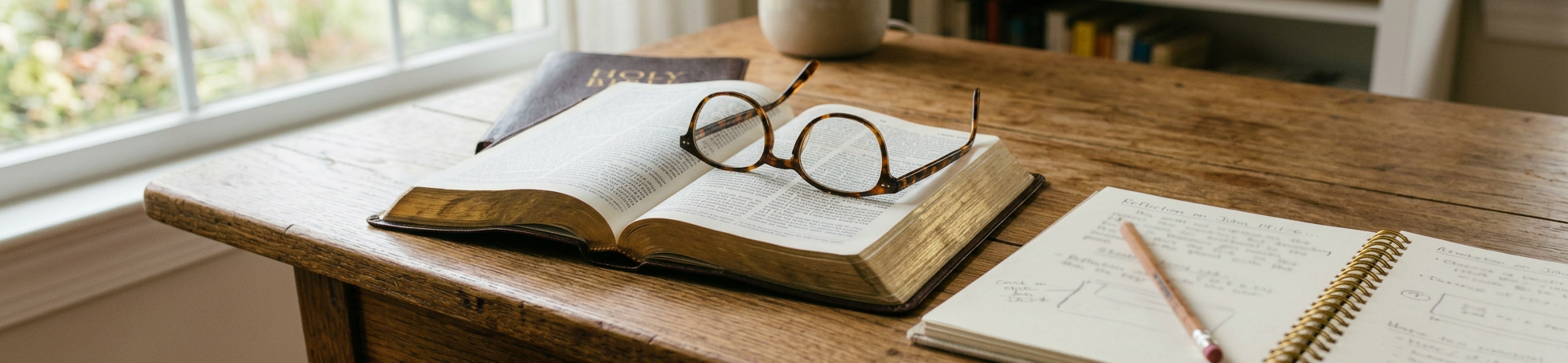 Open Bible with reading glasses and handwritten notebook on wooden desk