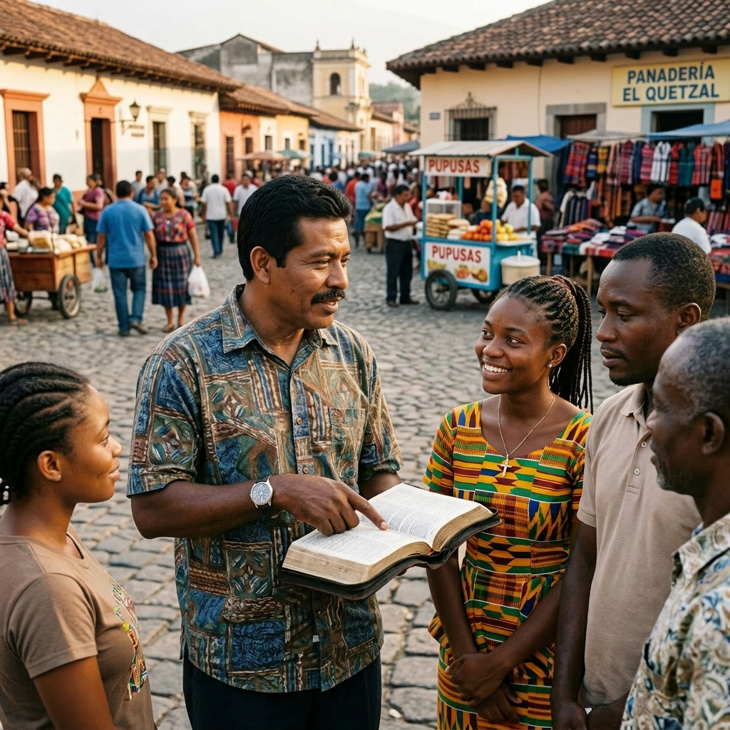 Man pointing to open Bible while talking to four attentive people in outdoor market