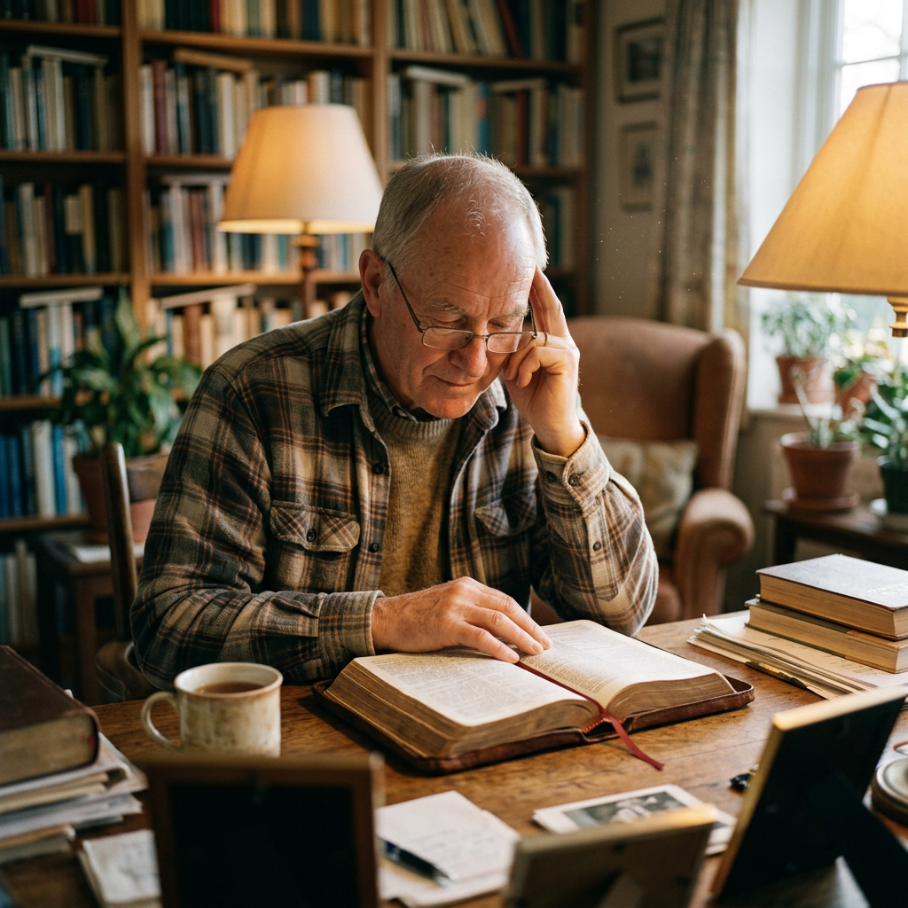 Elderly man wearing glasses reading an open book at a wooden desk in a study with bookshelves and lamps